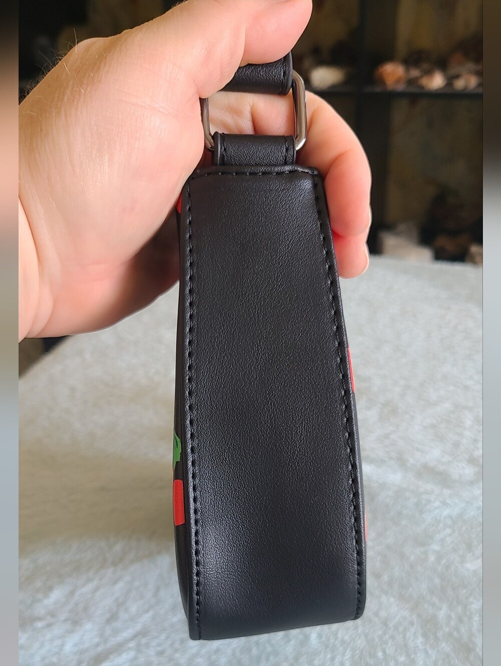 Betsey Johnson Black Cherry Print Crossbody Bag with Red Charm - Picture 5 of 14